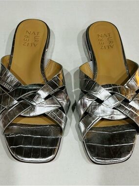 Naturalizer Ashford Silver Metallic Croc Leather Slide Sandals - Size 8